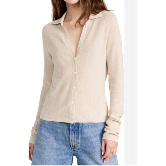 Rag & Bone Sz M Sweater Dina Button Up Light Wt Knit Spread Collar Beige classic - Picture 1 of 6